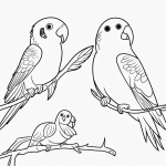 A charming parakeet cartoon in black and white line art, perfect for coloring enthusiasts with simple outlines and blank fill areas.