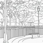 Simple black and white vector line art of a park with a bench and lamp post, perfect for a children's coloring page.