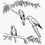 Simple black and white vector line art of a parrot on a tropical branch, perfect for children's coloring pages with bold outlines and minimal composition.