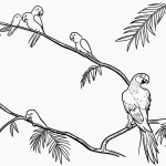 A simple black and white vector line art of a parrot on a tropical branch, ideal for children's coloring pages with bold, clean outlines.