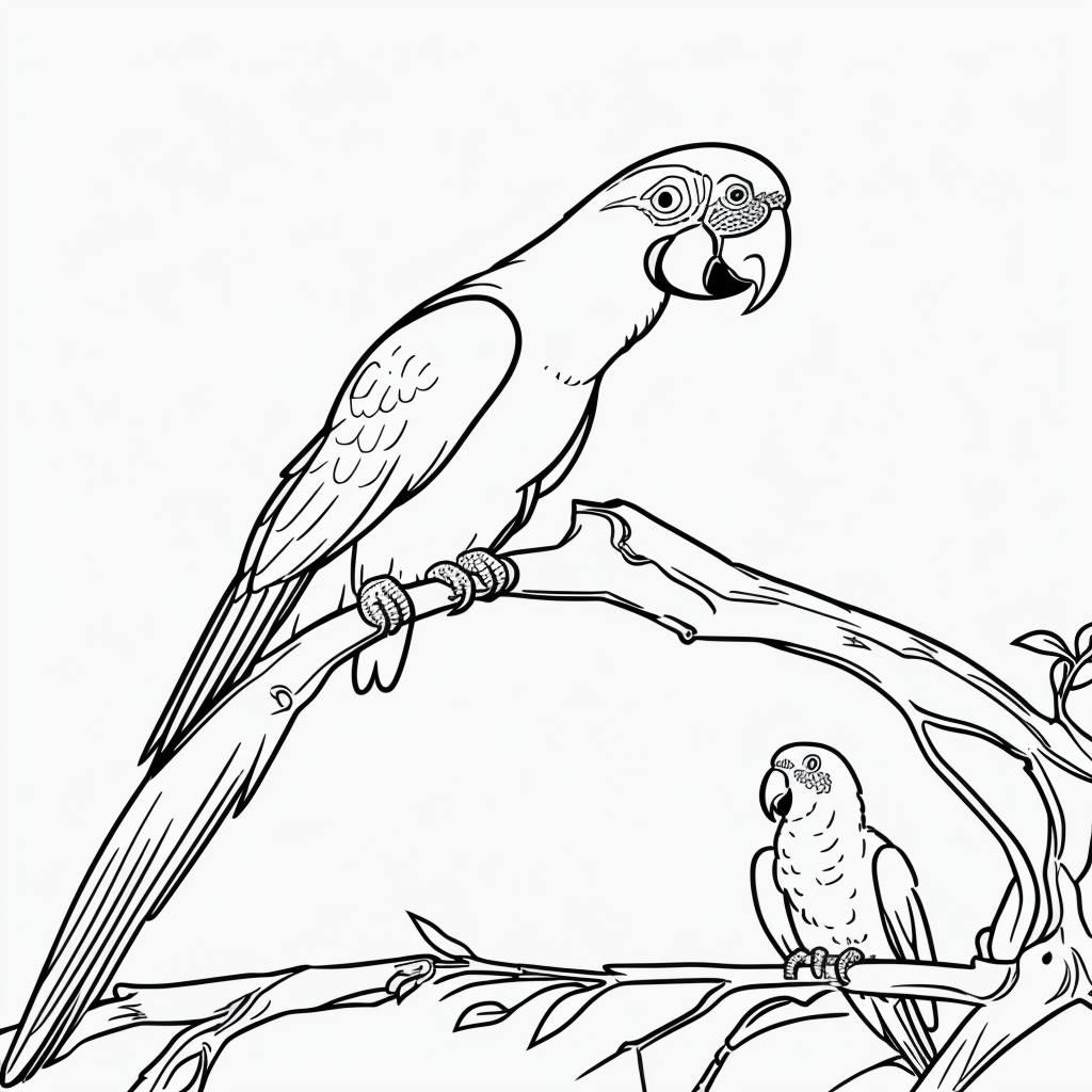 Parrot on Tropical Branch: Printable Line Art Coloring