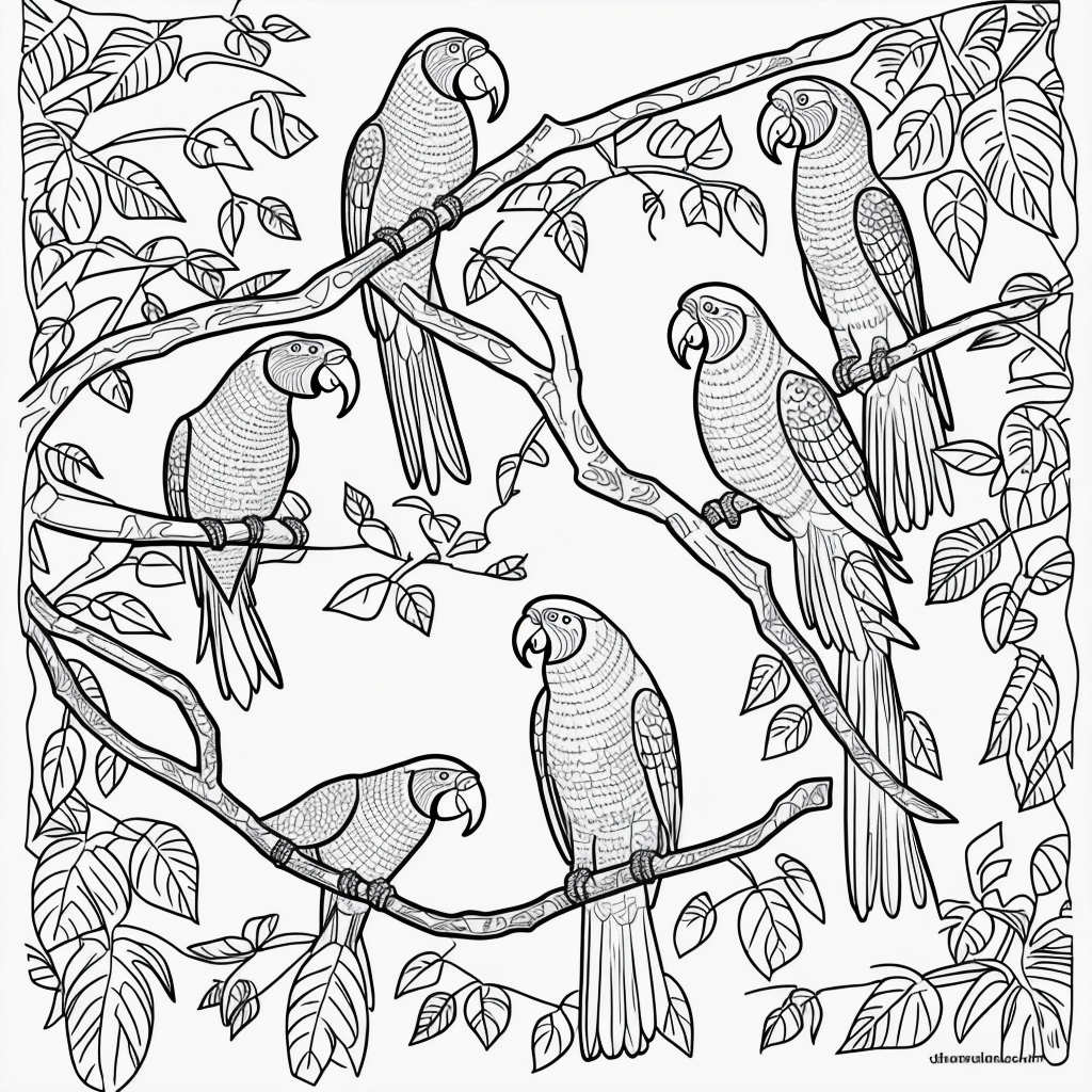 Explore Parrots in Jungle Vines Coloring Book