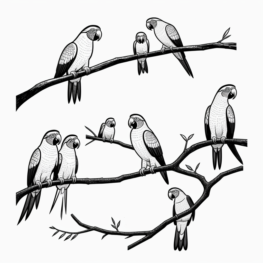 Coloring Book: Parrots on Branch Line Art Designs