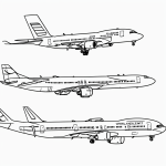 Outline drawing of a passenger airplane taking off, perfect for coloring books, with simple black and white lines on a white background.