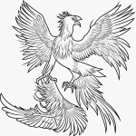 A black and white line art of a phoenix bird with simple outlines suitable for coloring, featuring blank fill areas and no shading, perfect for coloring book enthusiasts.