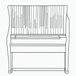 Simple black and white vector line art of a piano keyboard with musical notes, featuring bold, clean outlines for children's printable coloring pages.