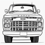 Black and white pickup truck cartoon line art with simple outlines, perfect for coloring books, featuring clean and uncolored design.