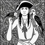 Black and white line art of a pirate boy with a parrot, featuring clean outlines and blank fill areas for coloring book style creativity.