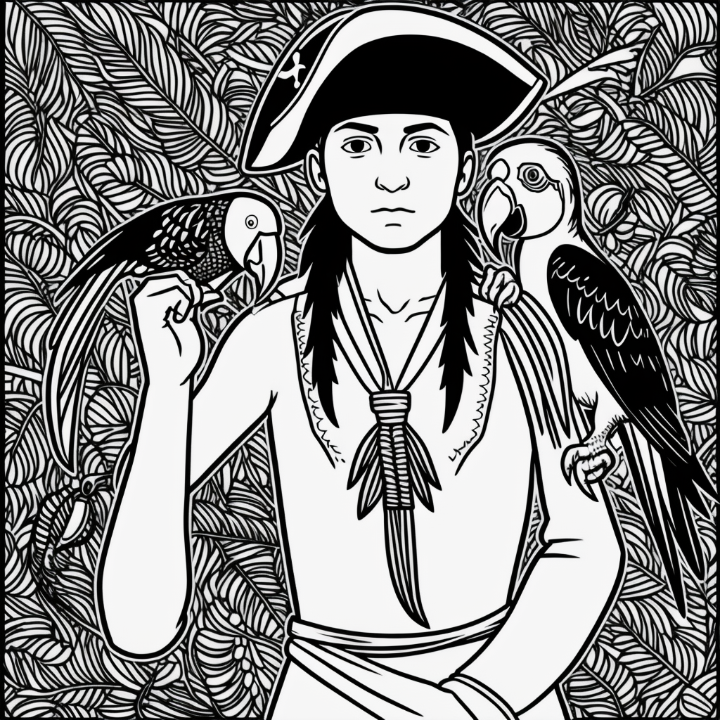 Pirate Boy with Parrot: Line Art for Coloring Fun