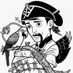 Line art of a pirate boy with a parrot on his shoulder, designed in a coloring book style with simple outlines and blank fill areas, perfect for coloring activities.