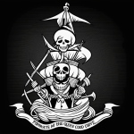 Black and white pirate cartoon line art with simple outlines, perfect for coloring book enthusiasts seeking clean, uncolored designs with blank fill areas.
