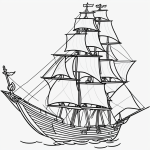 Black and white pirate ship cartoon line art with simple, clean outlines, perfect for coloring book enthusiasts seeking creative, uncolored designs.