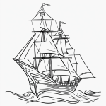 Simple black and white vector line art of a pirate ship sailing on waves with bold, clean outlines, perfect for children's printable coloring page.
