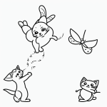 Simple black and white vector line art of a playful kitten chasing a butterfly, featuring bold outlines and a flat white background, ideal for a children's coloring page.