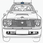 Police car line art with siren light, featuring simple outlines and blank fill areas, perfect for coloring book enthusiasts. Black and white, no shading or gradients.