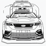 Police car line art with simple black and white outlines, ideal for coloring enthusiasts seeking clean designs with blank fill areas and no shading.