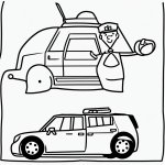 Black and white vector line art of a police car and officer waving, perfect for children's coloring activities with bold outlines and minimal composition.