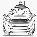Simple black and white vector line art of a police car and officer waving, designed as a children's printable coloring page with bold clean outlines and no fill.