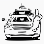Black and white vector line art of a police car and officer waving, featuring bold clean outlines on a flat white background for a children's coloring page.