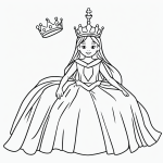 Black and white vector line art of a princess with a crown and gown, featuring bold outlines against a flat white background, perfect for children's coloring pages.