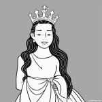 Simple black and white vector line art of a princess wearing a crown and gown, perfect for children's printable coloring page activities.