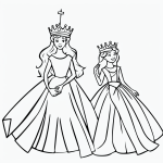Black and white vector line art of a princess wearing a crown and gown, ideal for a children's printable coloring page with bold outlines and a flat white background.