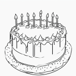 Simple black and white vector line art of a birthday cake with candles, designed as a printable coloring page for kids with bold clean outlines.
