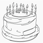 Simple black and white vector line art of a birthday cake with candles, featuring bold clean outlines on a flat white background, ideal for children's coloring pages.
