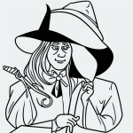 Simple black and white vector line art of a wizard with a hat and wand, perfect as a children's printable coloring page, featuring bold outlines and minimal design.