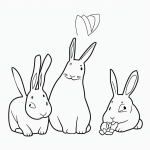 Simple black and white vector line art of two rabbits eating carrots, featuring bold clean outlines on a flat white background, ideal for a children's coloring page.