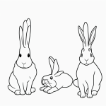Simple black and white vector line art of two rabbits eating carrots with bold clean outlines, ideal for children's printable coloring pages.