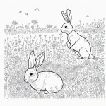 A black and white illustration of rabbits in a meadow with flowers, designed for coloring book enthusiasts with bold lines for easy coloring.