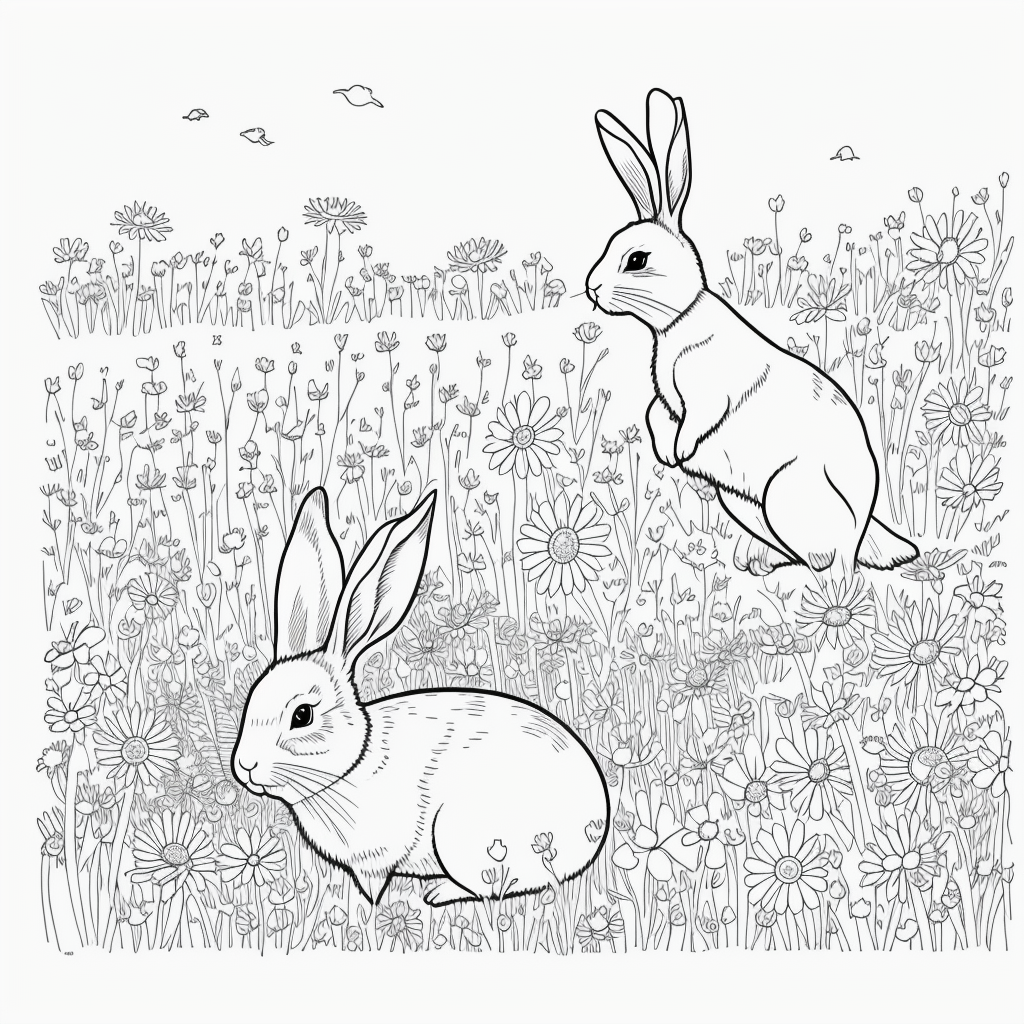 Black and White Rabbits in Meadow Coloring Book Art