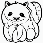 Simple black and white vector line art of a raccoon holding a piece of fruit, featuring bold clean outlines on a flat white background, perfect for coloring.