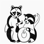 Simple black and white vector line art of a raccoon holding a piece of fruit with bold, clean outlines and minimal composition, perfect for children's printable coloring.