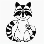 Black and white vector line art of a raccoon holding a fruit, perfect for children's printable coloring pages with bold outlines and flat white background.