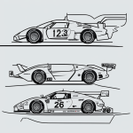 Line art of a race car with number, featuring clean outlines and blank fill areas, perfect for coloring enthusiasts seeking creative freedom.