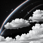 Black and white line art of a rainbow with clouds and stars, designed for coloring book enthusiasts with clean outlines and blank fill areas.