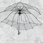 Black and white line art of a rainy day with an umbrella, featuring clean outlines and blank fill areas, perfect for coloring book enthusiasts.