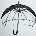 Black and white line art of a rainy day with umbrella, featuring clean outlines and blank fill areas for coloring, no shading or gradients, on a white background.