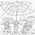 Simple black and white vector line art of a rainy day with umbrellas and puddles, perfect for children's printable coloring pages, minimal composition.