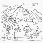 Simple black and white vector line art of a rainy day with umbrellas and puddles, designed as a children's printable coloring page with bold outlines.
