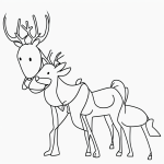 Printable coloring page featuring a simple black and white vector line art of a reindeer with a red nose, designed for children's creativity and artistic fun.