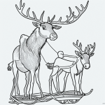 Black and white line art of reindeer with sleigh, simple outlines, devoid of color, ideal for a coloring book, highlighting pure and clean design.