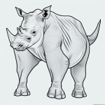 Black and white rhinoceros cartoon line art with clean outlines for coloring, featuring simple uncolored areas ideal for coloring books.