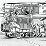 A road roller cartoon in simple black and white line art, featuring clean outlines and blank fill areas, ideal for a coloring book activity.