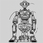 A simple black and white robot cartoon in line art style, perfect for coloring books, featuring clean outlines and uncolored fill areas.