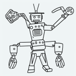 A simple black and white vector line art of a robot toy waving, designed as a children's printable coloring page with bold clean outlines and a flat white background.
