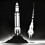 Simple black and white line art of a rocket launch with clean outlines and blank areas for coloring, perfect for both kids and adults seeking creative expression.