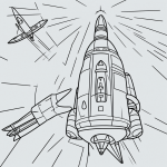Black and white cartoon line art of a rocket ship with simple outlines and blank fill areas, perfect for coloring book enthusiasts.